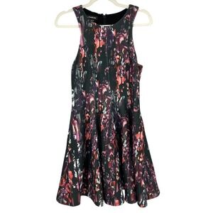 Bebe Dress‎ Medium Black Multicolor Floral Grid Fit & Flare Sleeveless Party